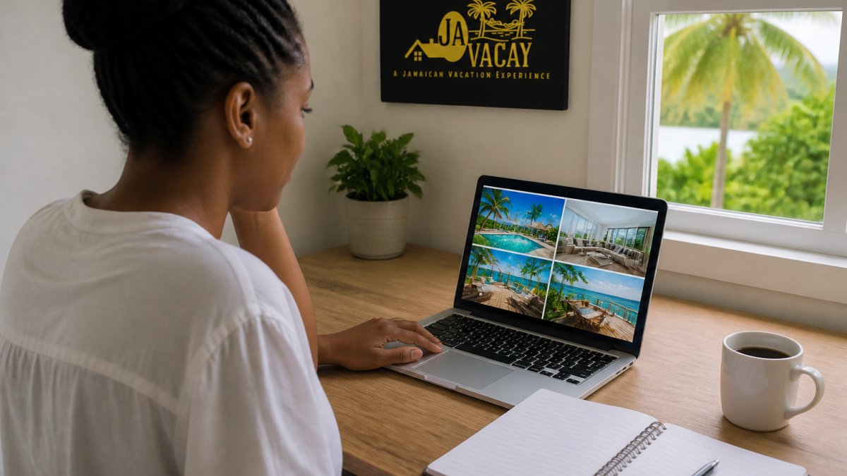 Traveler reviewing villa photos and booking details on a laptop with a notebook and pen nearby, sitting at a home desk with natural window lighting