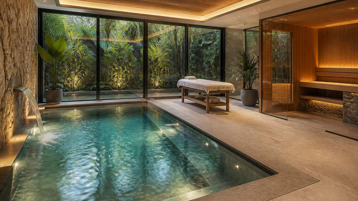 Luxurious spa suite with heated indoor pool, sauna with cedar walls and stone benches, soft ambient lighting, and massage table overlooking tropical gardens through floor-to-ceiling windows