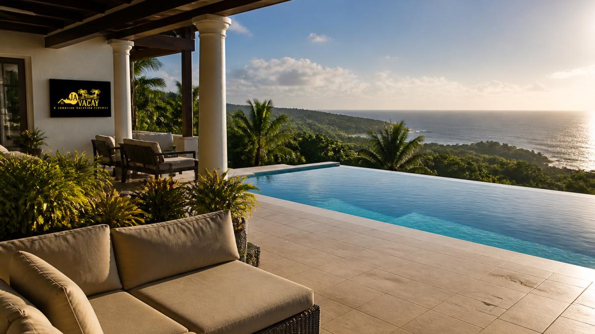 Spacious oceanview terrace with private infinity pool overlooking the Caribbean Sea, comfortable lounge seating with tropical plants framing the scene, afternoon sunlight reflecting off the water